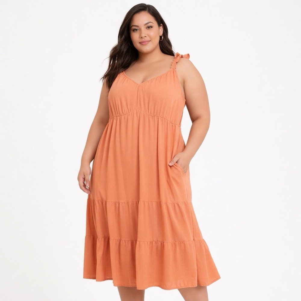 Torrid 4 Peach Gauze Maxi Dress Boho Cottagecore Ruffle Smocked Pocket Flowy 4X